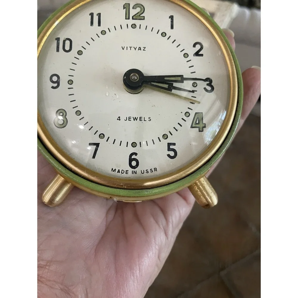 Vintage Vityaz USSR Mechanical Alarm Clock Metal Green Wind Up Works
